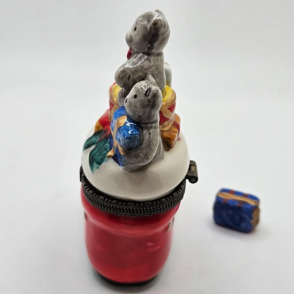 VTG Christmas Stocking Trinket Box Teddy Bears Gifts Hinged Ceramic Mini Present